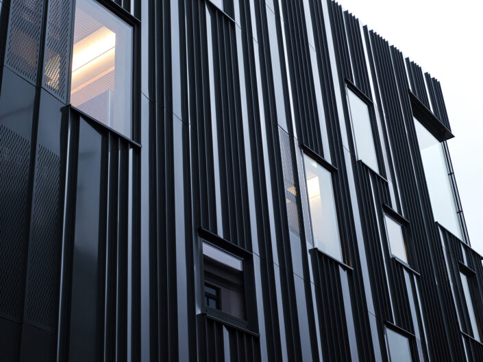 Modernes Glasgebäude: Hochmodernes Glasgebäude mit klaren Linien Casino Futur, POPO, Minimalistisches Design mit kreativer Lichtführung Nachtaufnahme, die die städtische Architektur hervorhebt
